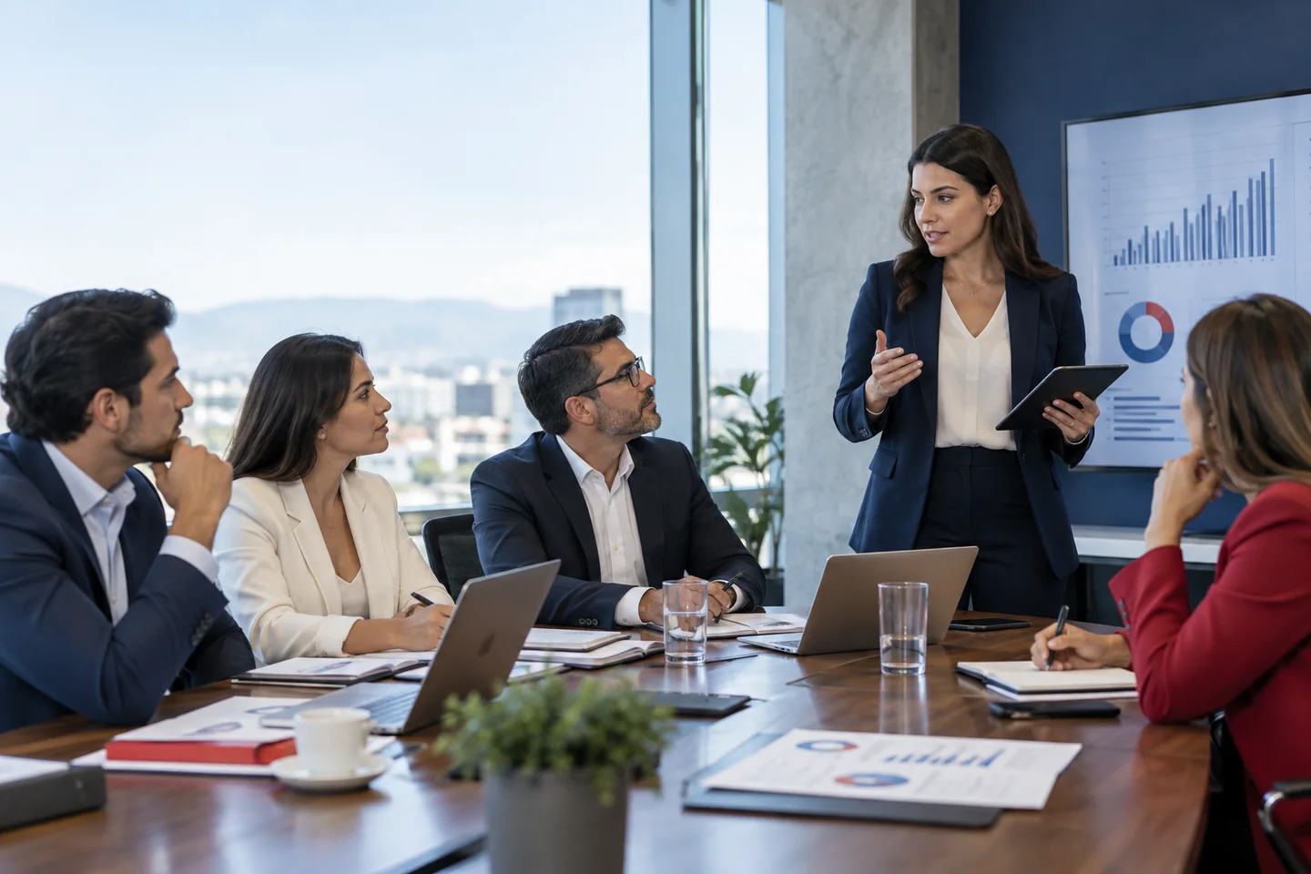 Equipo directivo analiza indicadores junto a una consultora organizacional